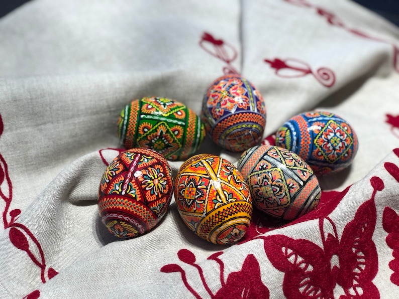 Set 6 Easter Wooden Eggs, Handmade Gift Ukrainian Traditional Pysanky