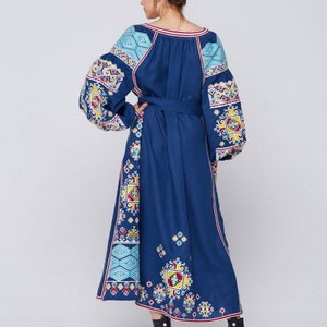 Ukrainian Embroidered Linen Dress. Blue Boho Dress. Gift for Her. Gift ...