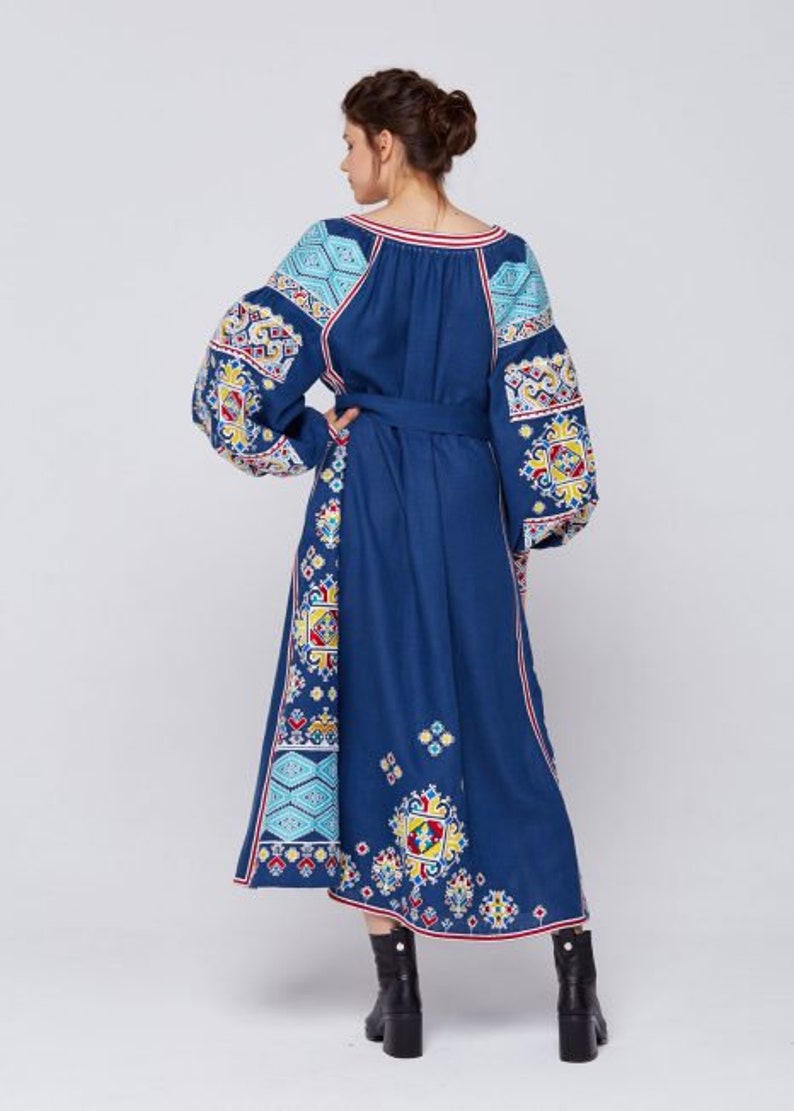 Ukrainian Embroidered Linen Dress. Blue Boho Dress. Gift for Etsy