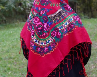 Wool Floral Shawl, Ukrainian Slavic Scarf, Folk Boho Babushka Wrap, Traditional Ethnic Gift for Women, Embroidered Winter Scarf Easter Gift