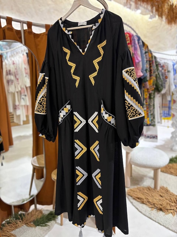 black linen embroidered dress Embroidered Tiered Wrap Dress in Linen Blend Black