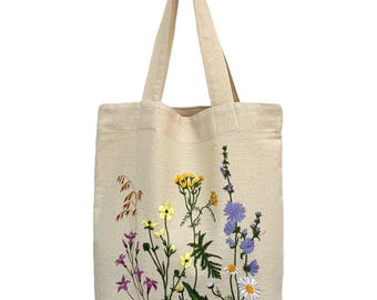 Bolso de lino bordado, Bolso de lino, Bolso orgánico Bordado brillante, Regalo para mamá, Ella, Bolso de playa con flores, Bolso tote de verano