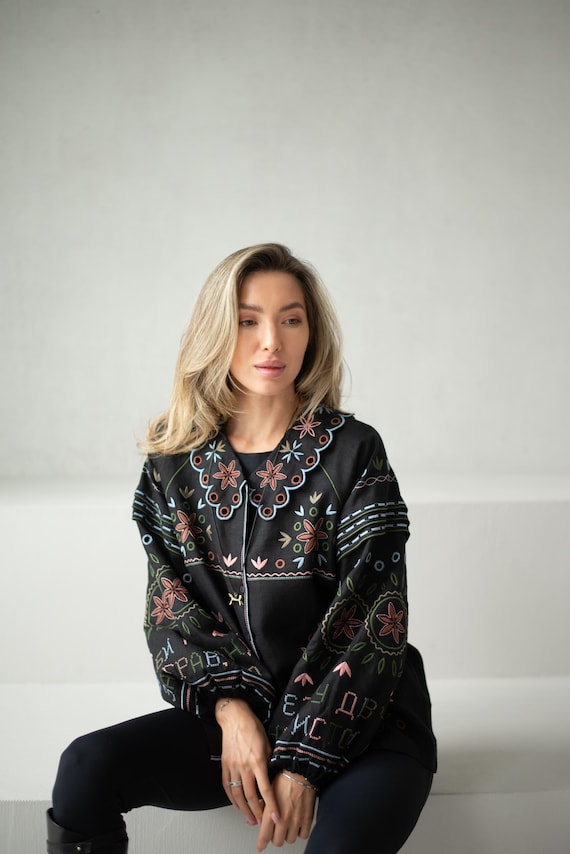 Black on Black Ukrainian Embroidered Blouse Ukrainian Vyshyvanka
