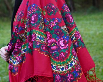 Wool Floral Shawl, Ukrainian Slavic Scarf, Folk Boho Babushka Wrap, Traditional Ethnic Gift for Women, Embroidered Winter Scarf Easter Gift