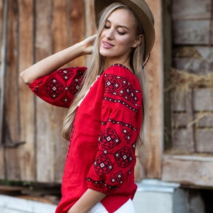 Red Embroidered Linen Blouse Ukrainian Vyshyvanka, Blouse Red ...