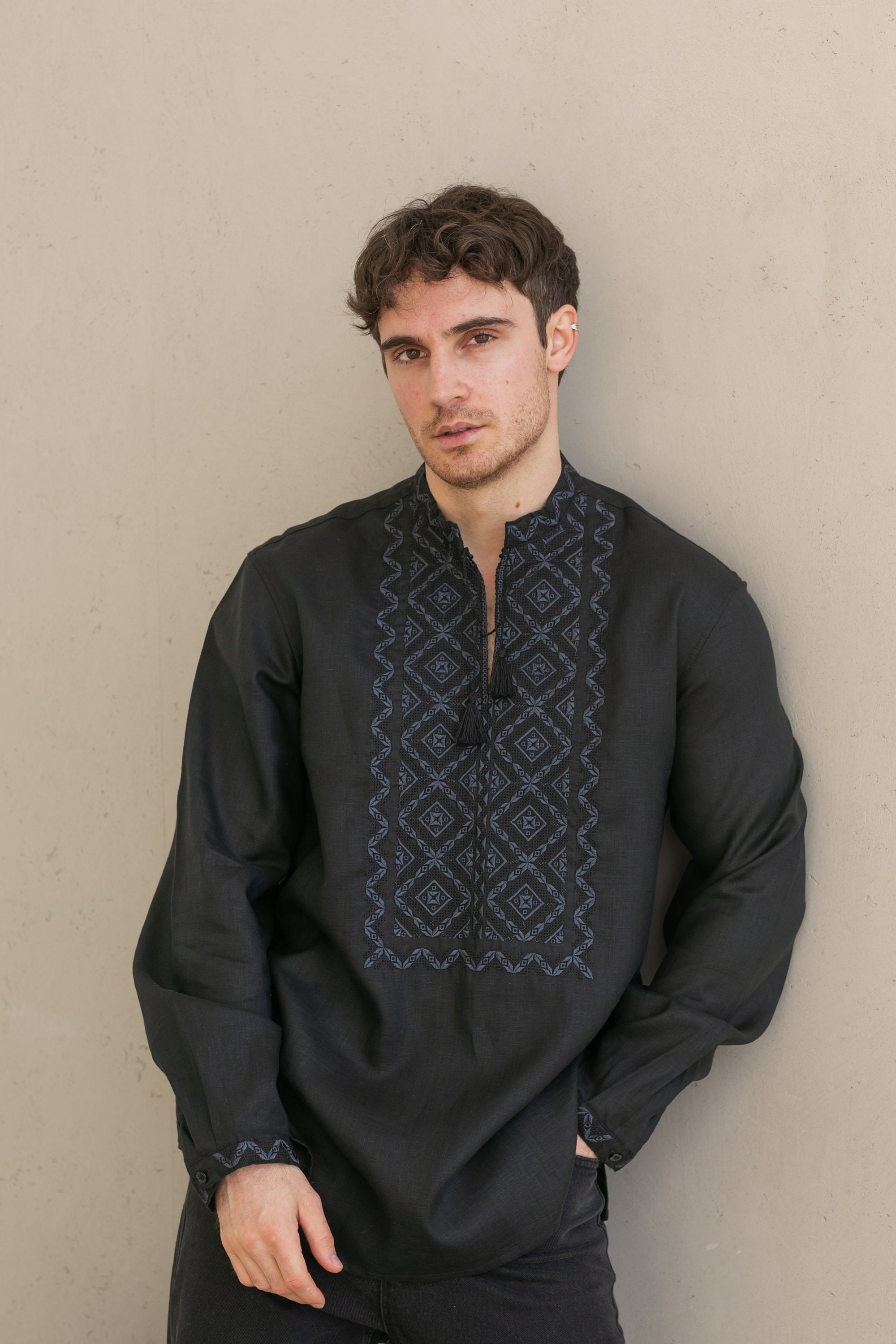 Shirt for Men Black on Black. Men's Embroidered Ukrainian Shirt
