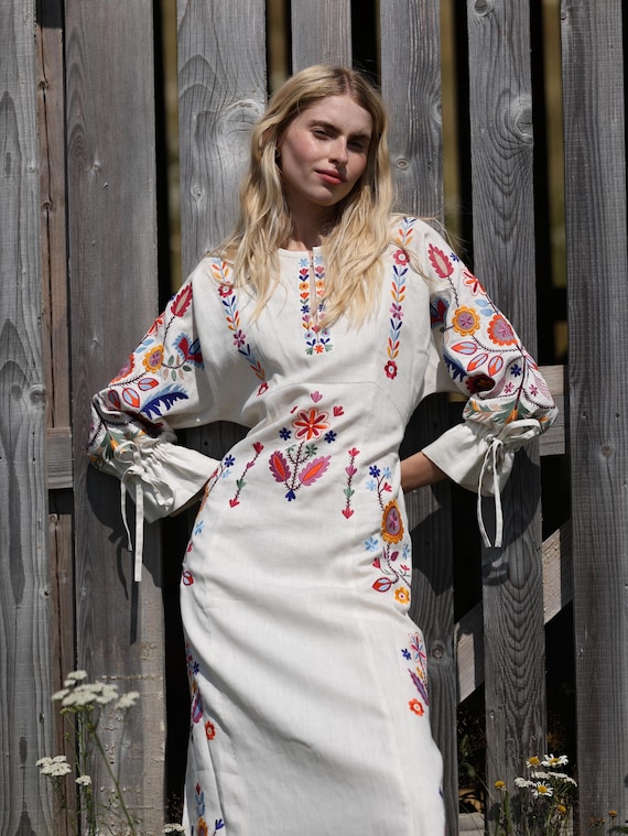 boho white embroidered dress White Wedding Dress Boho With Exquisite Ukrainian Vyshyvanka Linen Embroidery White Linen Embroidered Dress Ukrainian Dress Style