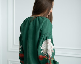 Green Embroidered blouse sorochka Linen Ukrainian vyshyvanka. Gift for Her. Girl. Wife. Blouse, Ukrainian clothings Gift for Christmas