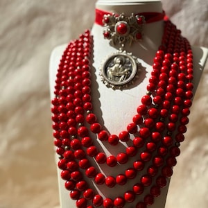 Red Ukrainian Traditional necklace Jewelry Handmade pressed coral Necklace of antique fireplace beads Ethnic Gift for Her Gift for Wife