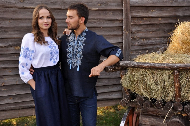 2024 Blue Ukrainian shirt for men. Linen shirt, Men's embroidered. Ukrainian vyshyvanka.Traditional Ukrainian shirts Gift for Christmas image 4