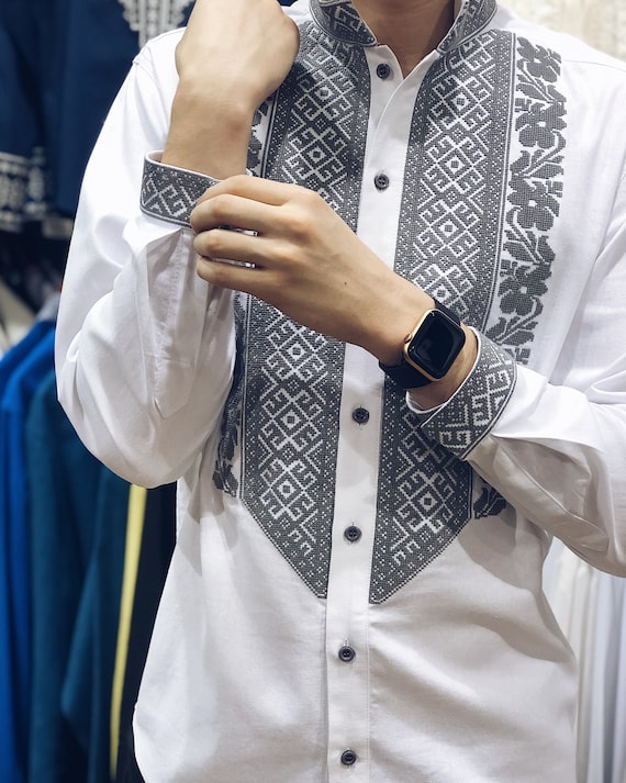 Ukrainian Embroidered Half Sleeve Shirt For Men - Sorochka, Traditional Ethnic Embroidery, Stretch Cotton, S-XXL