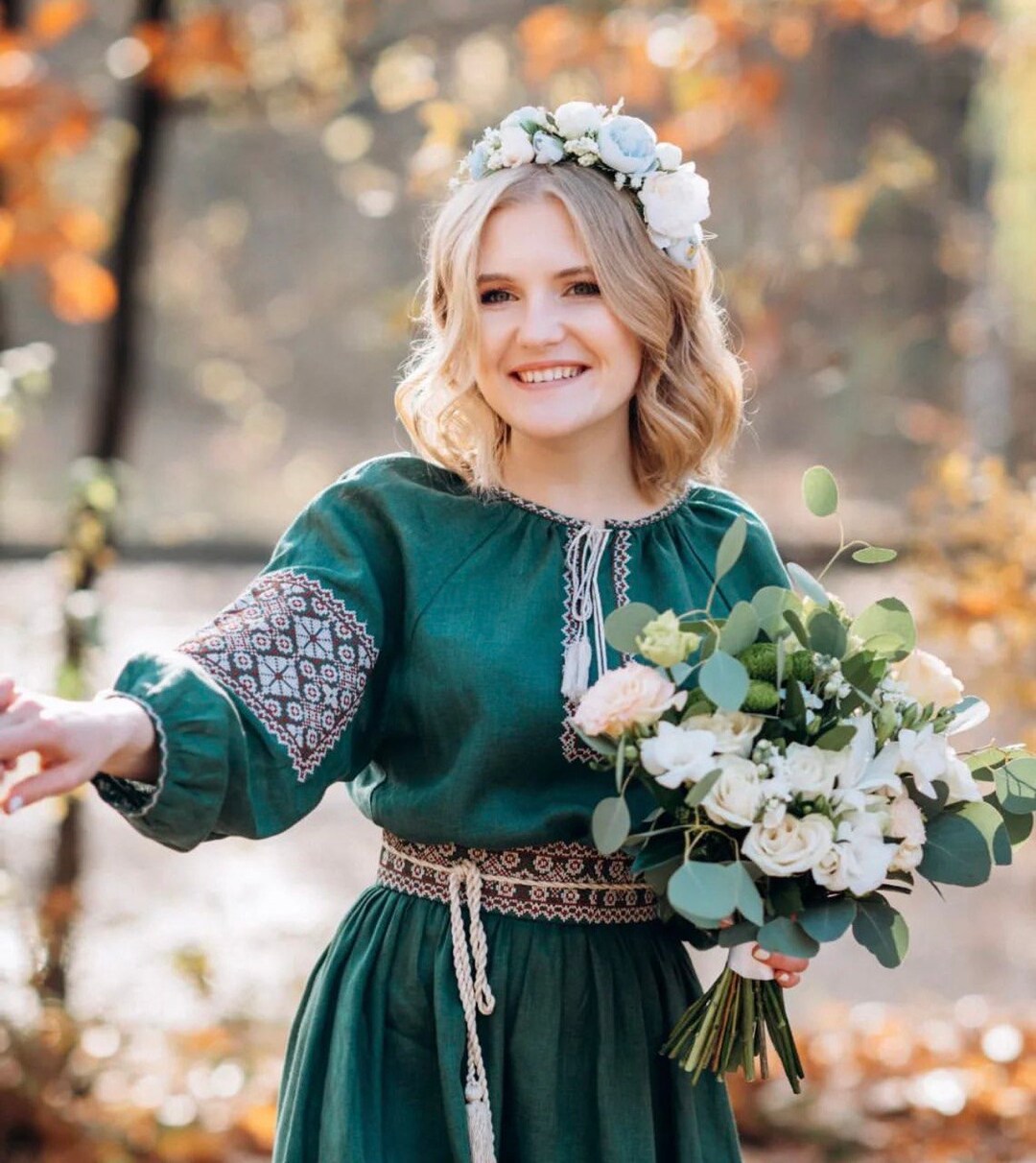 Green Embroidered Linen Dress for Wedding Dress Linen Ukrainian ...