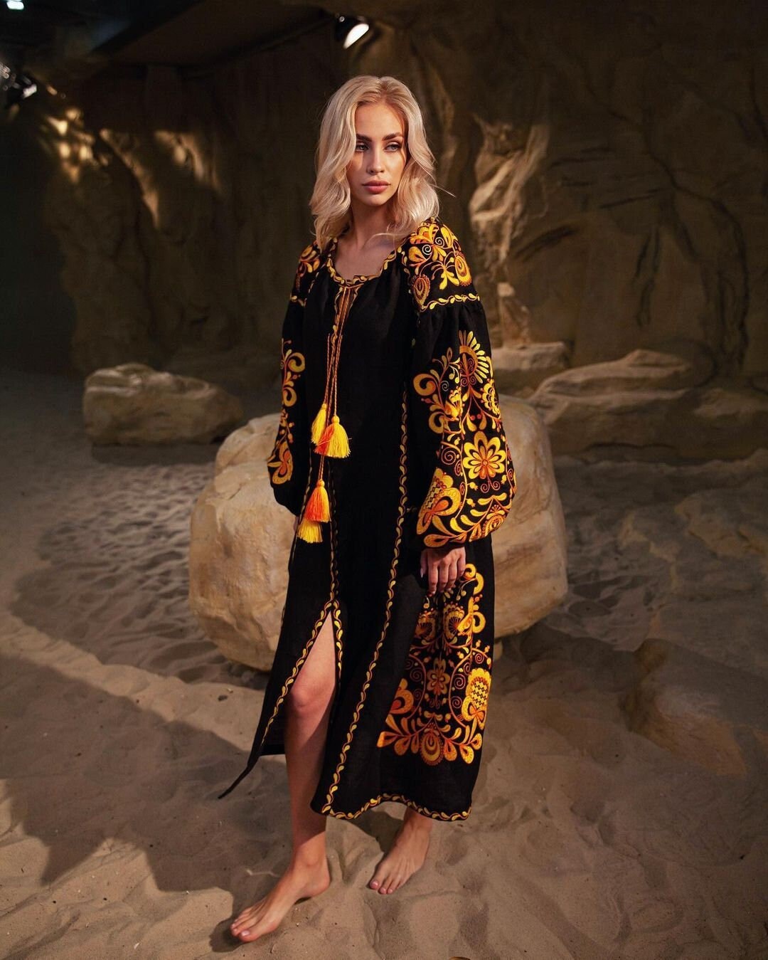 Ukrainian Vyshyvanka Linen Dress Boho, Black Dress, Folk Embroidered Abaya Kaftan Mexican Dress