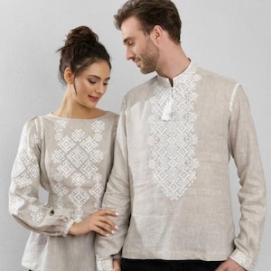 SET Ukrainian embroidered Linen blouse and and to a couple for a man vyshyvanka Beige vyshyvanka bohemian ethnic shirt boho chic peasant