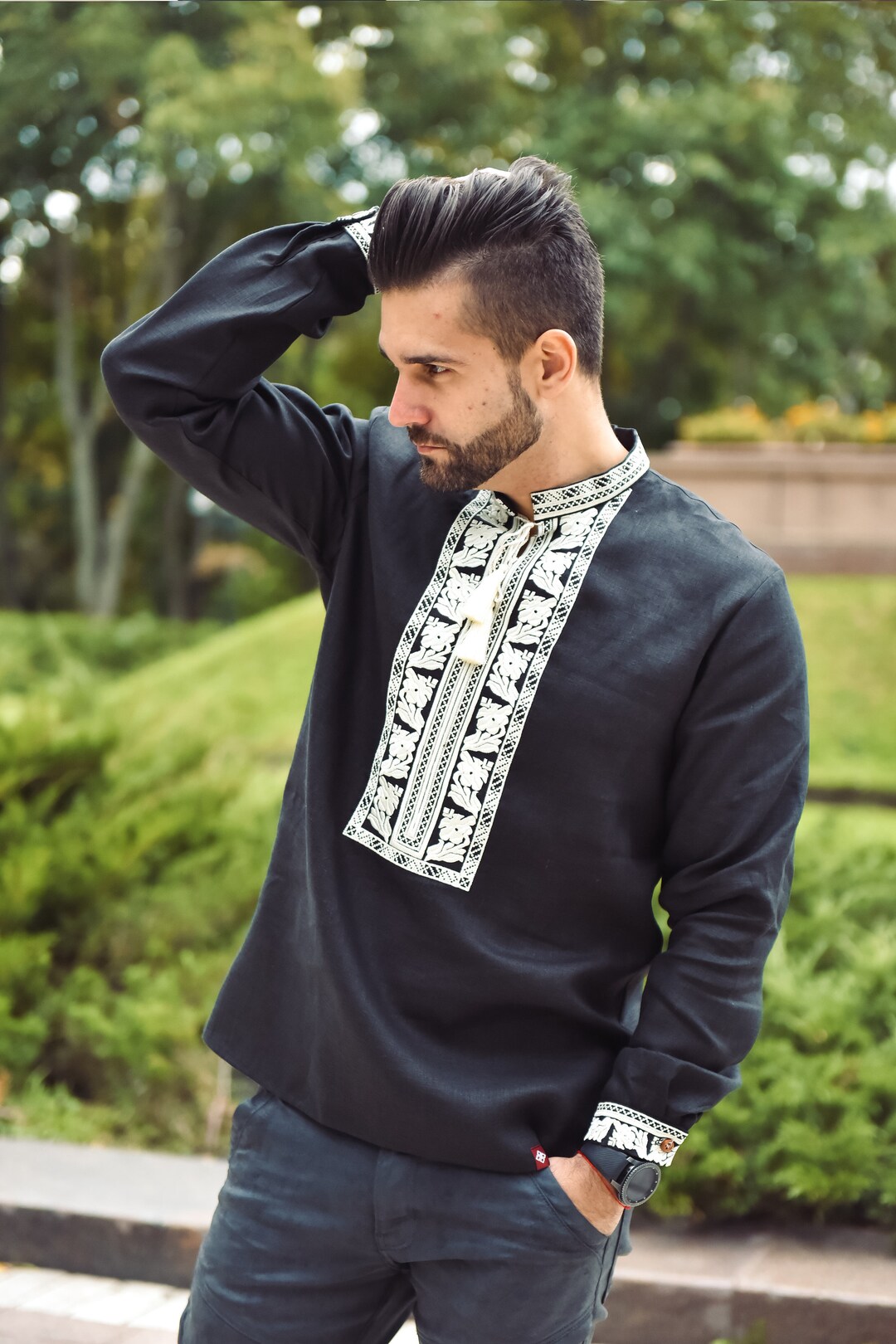 Black Shirt for Men. Embroidered Shirt. Men's Embroidered Shirt
