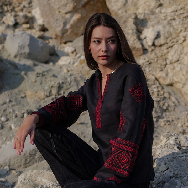 2024 Black Linen blouse Ukrainian vyshyvanka, Embroidered Blouse Red Embroidery blouse, Women Blouses, Gift for Girl, Her Gift for Mom