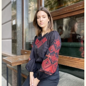 2025 Black Ukrainian embroidered Linen blouse Embroidered Infinity exclusive vyshyvanka bohemian ethnic shirt boho chic peasant