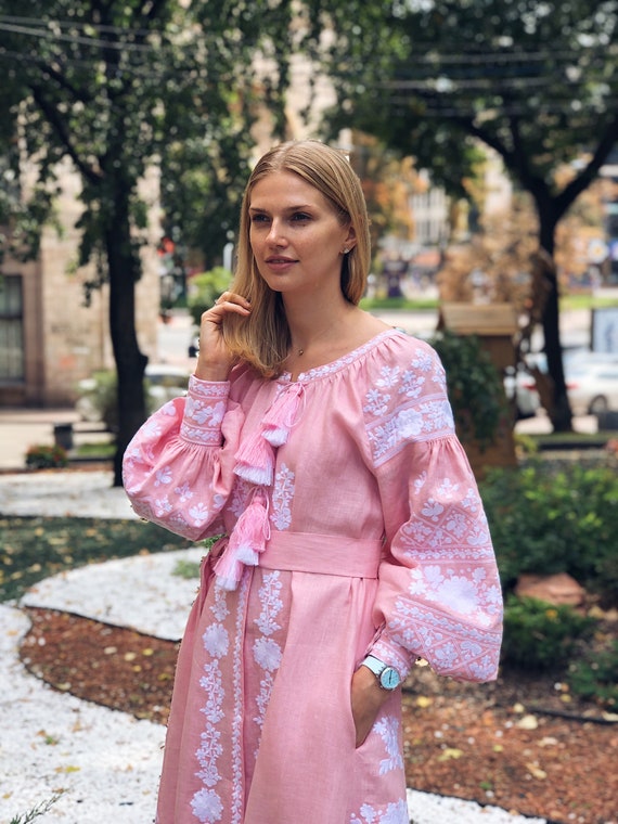 pink and white embroidered dress Pink Embroidered Linen Wedding Dress Ukrainian Vyshyvanka Dress Boho, Gift  for Wife, Ukrainian Folk Dress, Ukrainian Dress, Gift for Her