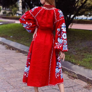 RED Linen Ukrainian Embroidered dress vyshyvanka Boho folk MOTHERS DAY American Independence Day dress image 6