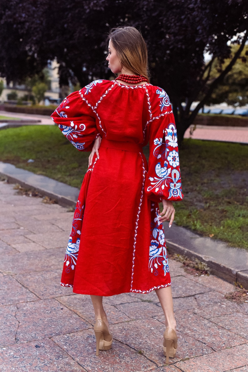 RED Linen Ukrainian Embroidered dress vyshyvanka Boho folk MOTHERS DAY American Independence Day dress image 6