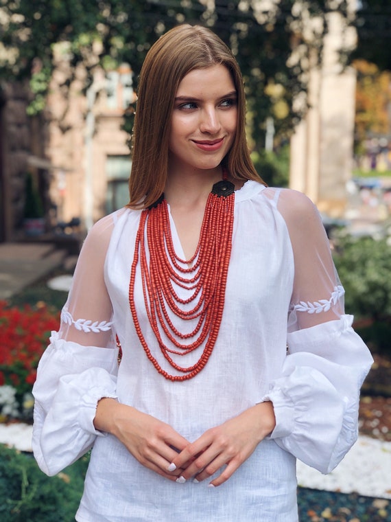 Red Ukrainian Accessories Necklace, Beads, Handmade Ceramic Beaded