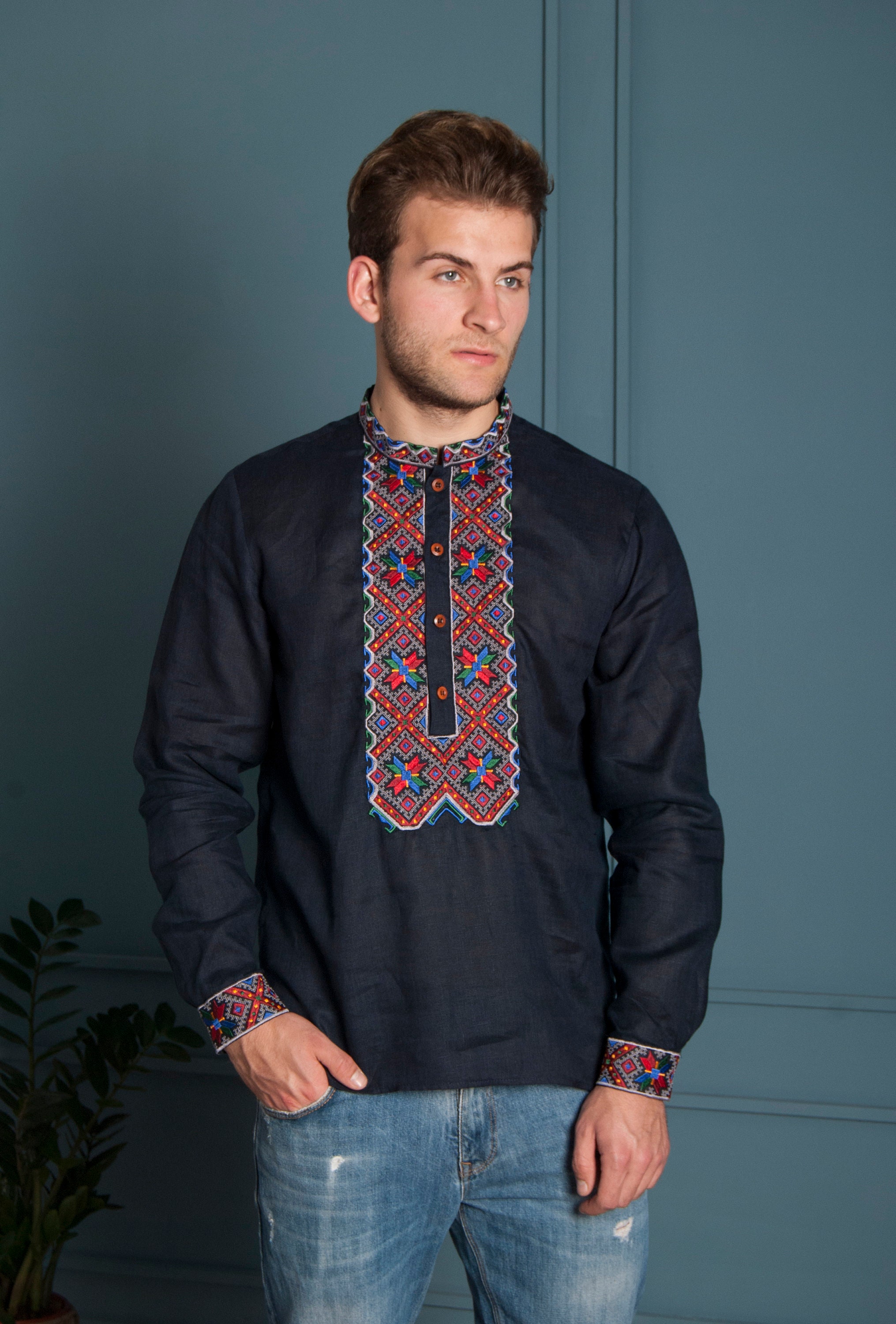 Ukrainian Blue shirt for men. Embroidered shirt. Men's | Etsy
