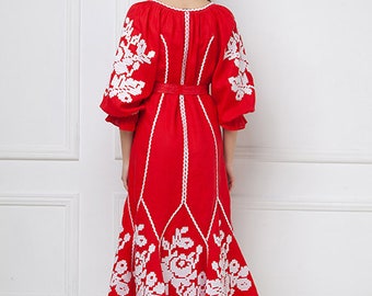 Red Linen Dress Ukrainian Embroidered vyshyvanka Boho. Mexicana Dress Gift for Her. Ukrainian folk Dress