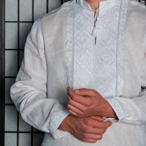White on white Ukrainian embroidered linen shirt for men. Men&#39;s  vyshyvanka. Traditional shirts White embroidery Gift for HimUkraine seller