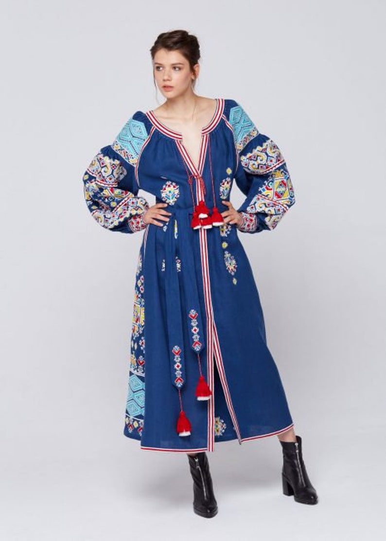 Ukrainian Embroidered Linen Dress. Blue Boho Dress. Gift for - Etsy