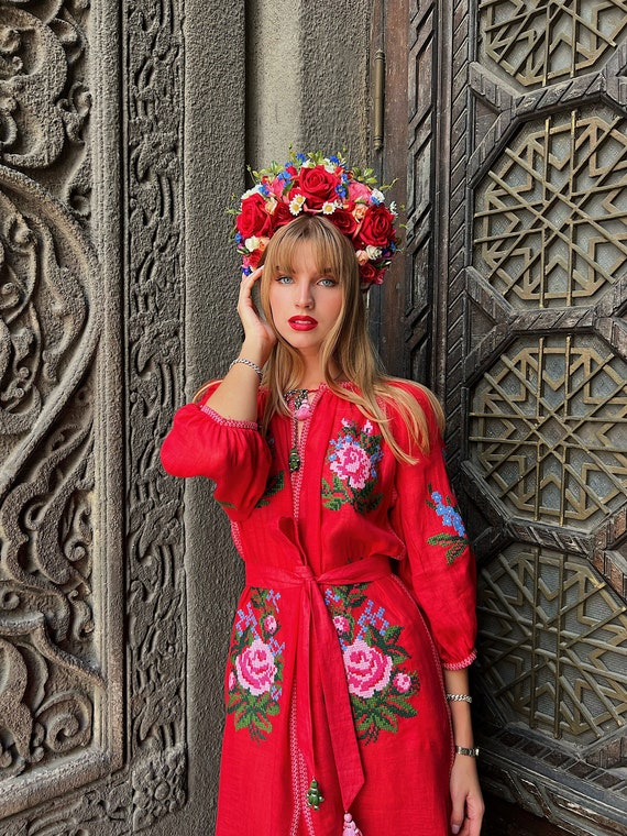 New Red Linen Dress Ukrainian Embroidered Linen Dress. Stylish Boho Dress. Gift for Her. Girl. Wife. Women Girls' Clothing Idea Gift