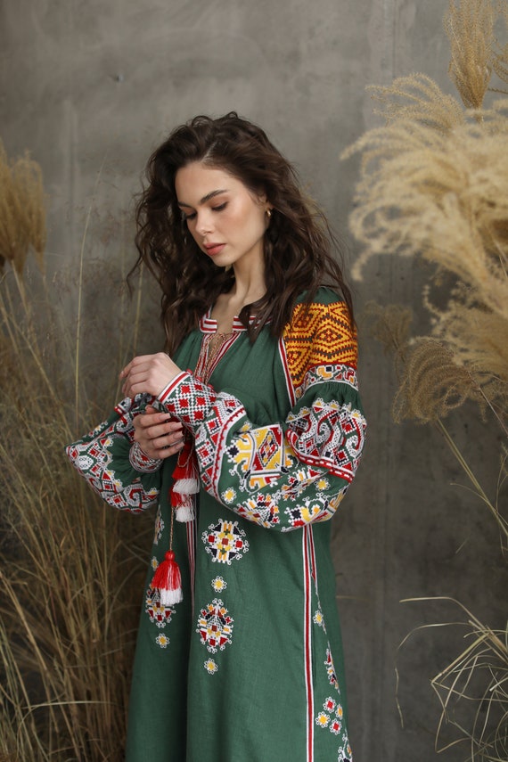 Green Linen Vyshyvanka Dress, Ukrainian Embroidered Boho Dress - Etsy