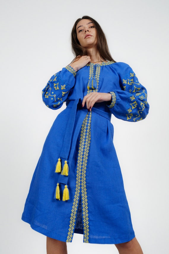 Blue Embroidered Dress Ukrainian Vyshyvanka Linen Dress Boho. Ukrainian  Folk Dress, Ukrainian, Gift for Her Ukraine Seller Chic Stylish - Etsy