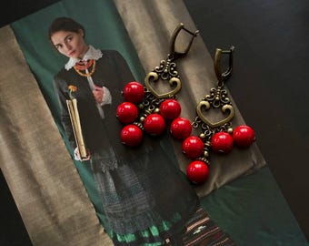 Red Ukrainian Earrings Traditional Jewelry Ethnic Earrings of Pressed Coral Folk Costume Gift for Her Gift for Wife Gift for Christmas