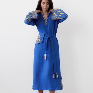 Blue Embroidered Dress Ukrainian vyshyvanka linen dress Boho. Ukrainian folk dress, Gift for Her Ukraine seller Chic Stylish free cut