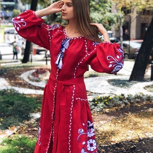 RED Linen Ukrainian Embroidered dress vyshyvanka Boho folk MOTHERS DAY American Independence Day dress image 5