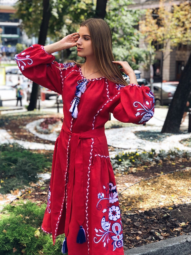 RED Linen Ukrainian Embroidered dress vyshyvanka Boho folk MOTHERS DAY American Independence Day dress image 5