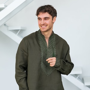 Green Khaki Ukrainian shirt for men. Linen shirt, Men&#39;s embroidered shirt.Ukrainian vyshyvanka. Traditional Ukrainian shirts Gift  for Men