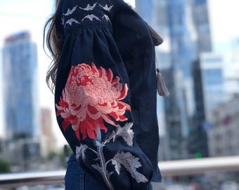 Blue Embroidered Linen Ukrainian vyshyvanka blouse. Gift for Her. Gift for Girl. Wife. Blouse, Ukrainian clothings Gift for Easter