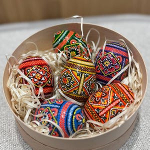 Set 6 Easter wooden eggs with wooden box, Ukrainian traditional pysanky, Hand painted ornament eggs, Ukraine souvenir and Hand made painting