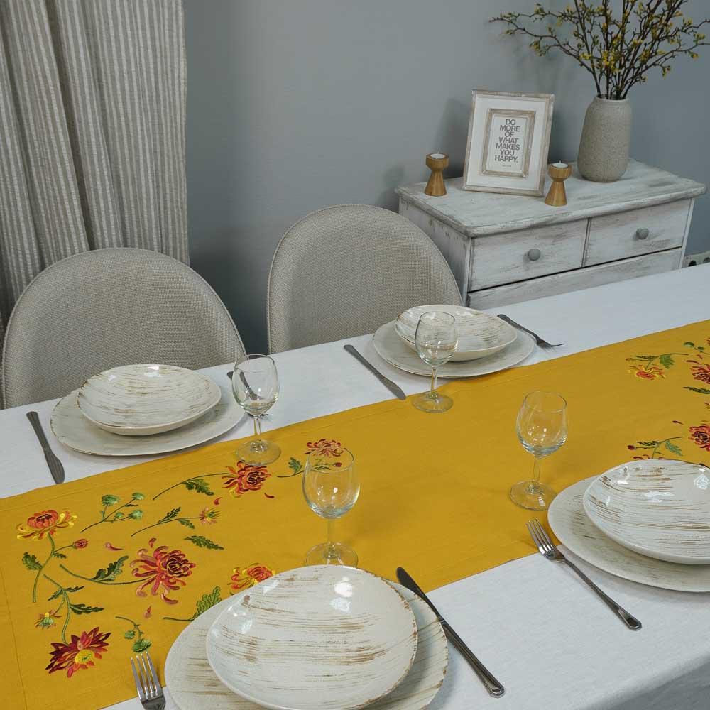 Embroidered Chrysanthemum Table Runner, Mustard Linen (140x40 CM