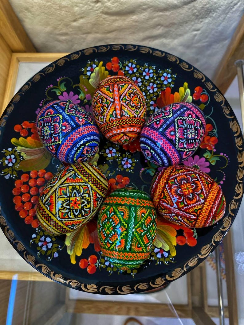 Set 6 Easter Wooden Eggs, Handmade Gift Ukrainian Traditional Pysanky