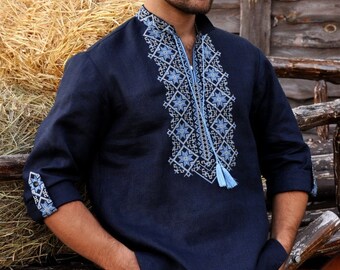 2024 Blue Ukrainian shirt for men. Linen shirt, Men's embroidered. Ukrainian vyshyvanka.Traditional Ukrainian shirts Gift  for Christmas