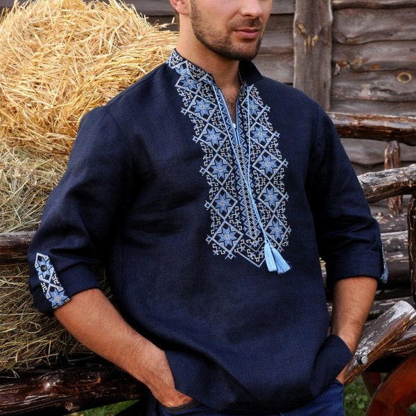 2024 Blue Ukrainian shirt for men. Linen shirt, Men's embroidered. folklore shirt, ethnic boho shirt, folk costume, peasant top