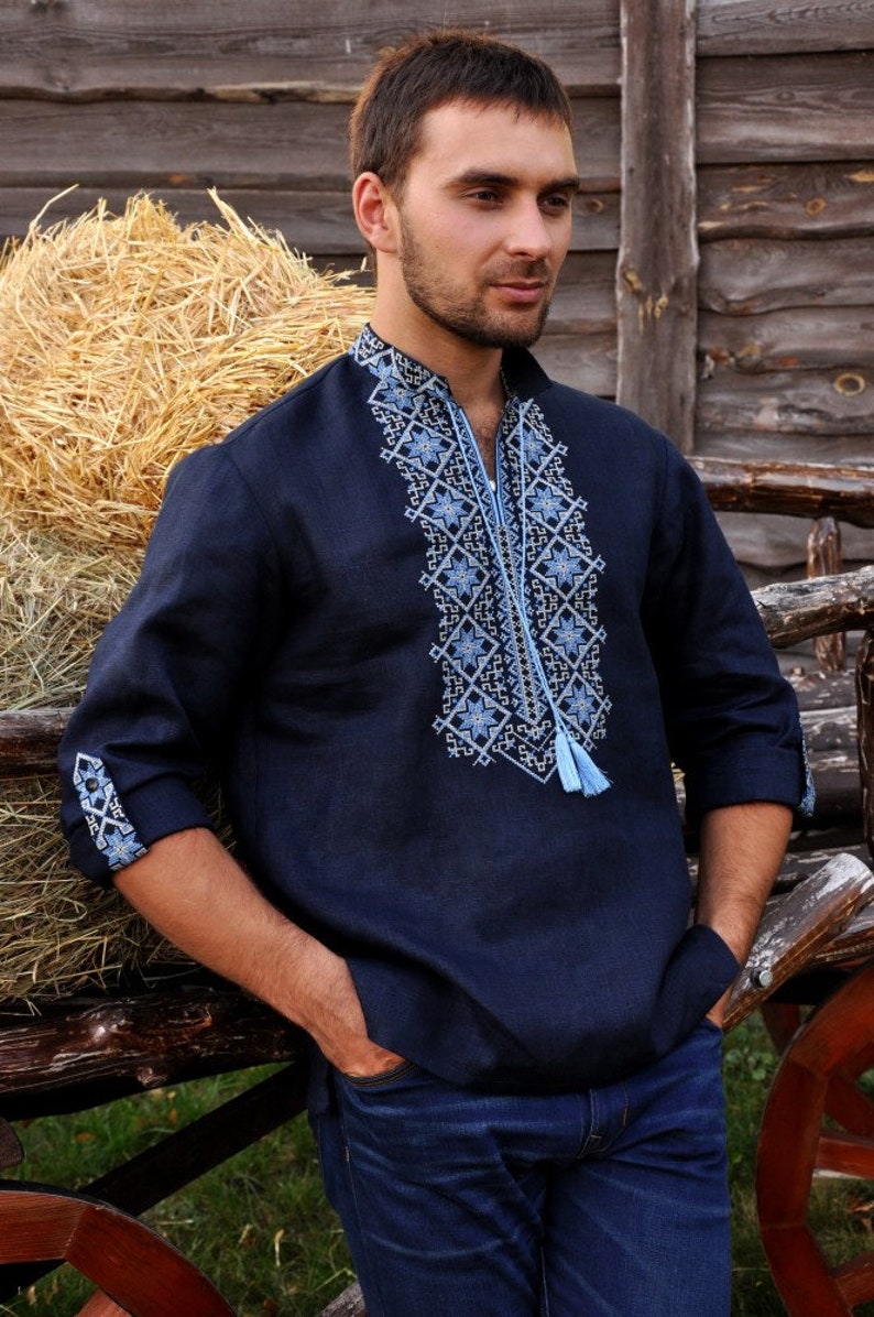 2024 Blue Ukrainian shirt for men. Linen shirt, Men's embroidered. Ukrainian vyshyvanka.Traditional Ukrainian shirts Gift for Christmas image 1