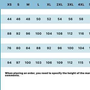 May include: A size chart for men's clothing with measurements in inches for chest, waist, and thigh. The chart includes sizes from XS to 5XL.