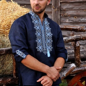 2024 Blue Ukrainian shirt for men. Linen shirt, Men's embroidered. Ukrainian vyshyvanka.Traditional Ukrainian shirts Gift for Christmas image 2