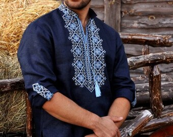Camicia da uomo in lino blu Vyshyvanka – Camicia ricamata ucraina, maniche corte - Italia