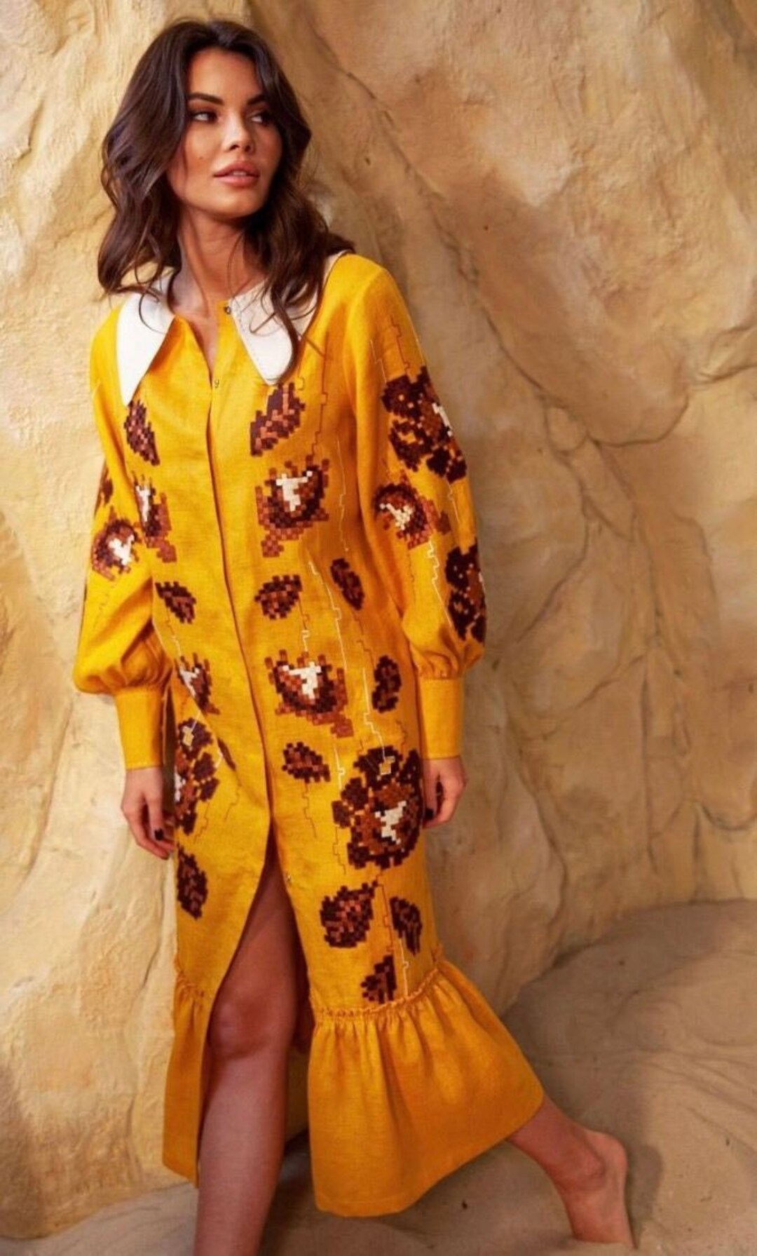 2024 Yellow Linen Dress Wedding Dress Ukrainian Vyshyvanka - Etsy