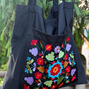 Black Embroidered bag, Linen bag, Organic bag  Bright embroidery, Gift for mother, Her, Flower beach bag, Summer tote bag