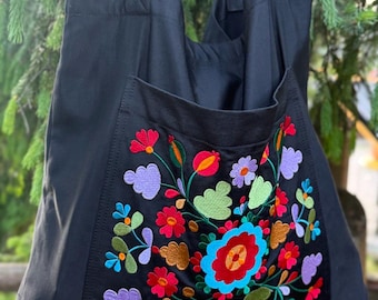Black Linen Embroidered Tote Bag, Floral Design